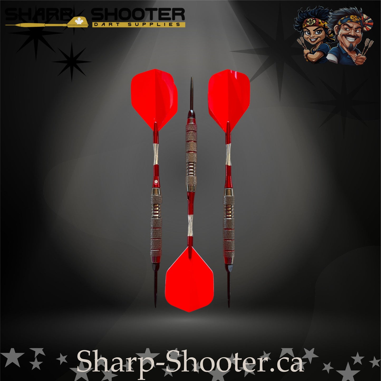 Cherry Bomb steel-tip dart set with bright red flights, red shafts, and a textured metallic barrel showcased on a dark star-pattern background.