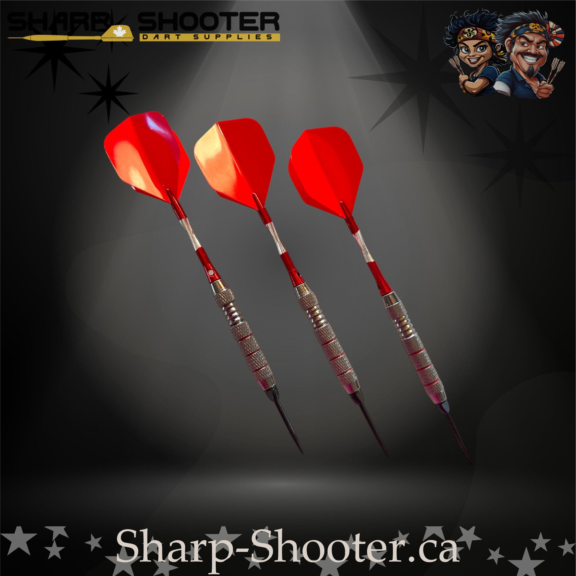 Cherry Bomb steel-tip dart set with bright red flights, red shafts, and a textured metallic barrel showcased on a dark star-pattern background.