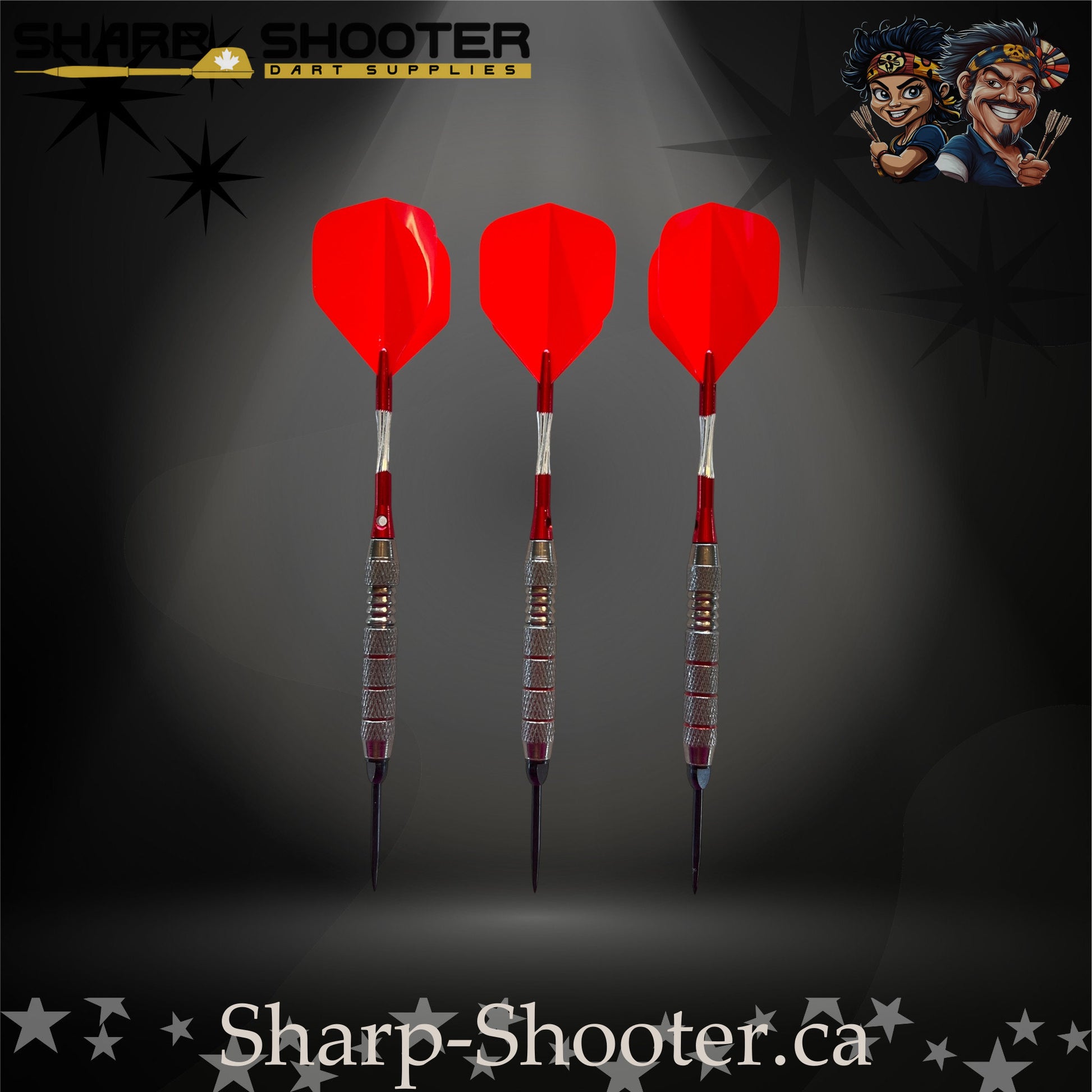 Cherry Bomb steel-tip dart set with bright red flights, red shafts, and a textured metallic barrel showcased on a dark star-pattern background.