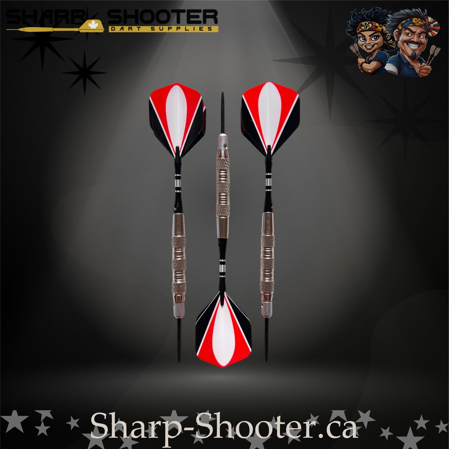 Echelon soft tip dart set with silver SD05 Gauntlet barrels, deep ring grip pattern, engraved aluminum shafts with O-rings, black/red/white flights, displayed on a dark spotlight background.