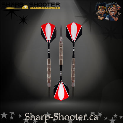 Echelon soft tip dart set with silver SD05 Gauntlet barrels, deep ring grip pattern, engraved aluminum shafts with O-rings, black/red/white flights, displayed on a dark spotlight background.