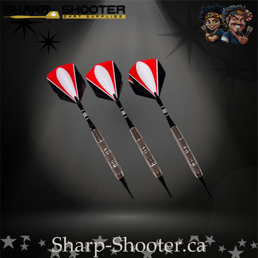 Echelon soft tip dart set with silver SD05 Gauntlet barrels, deep ring grip pattern, engraved aluminum shafts with O-rings, black/red/white flights, displayed on a dark spotlight background.