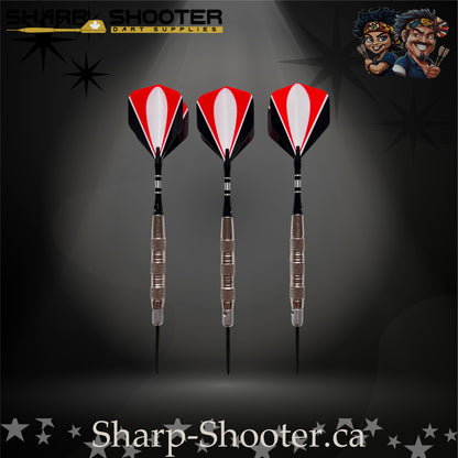 Echelon-S steel tip dart set featuring silver SD05 Gauntlet barrels, deep ring grip pattern, engraved aluminum shafts with O-rings, black/red/white flights, and 29mm steel tips on a dark studio background.