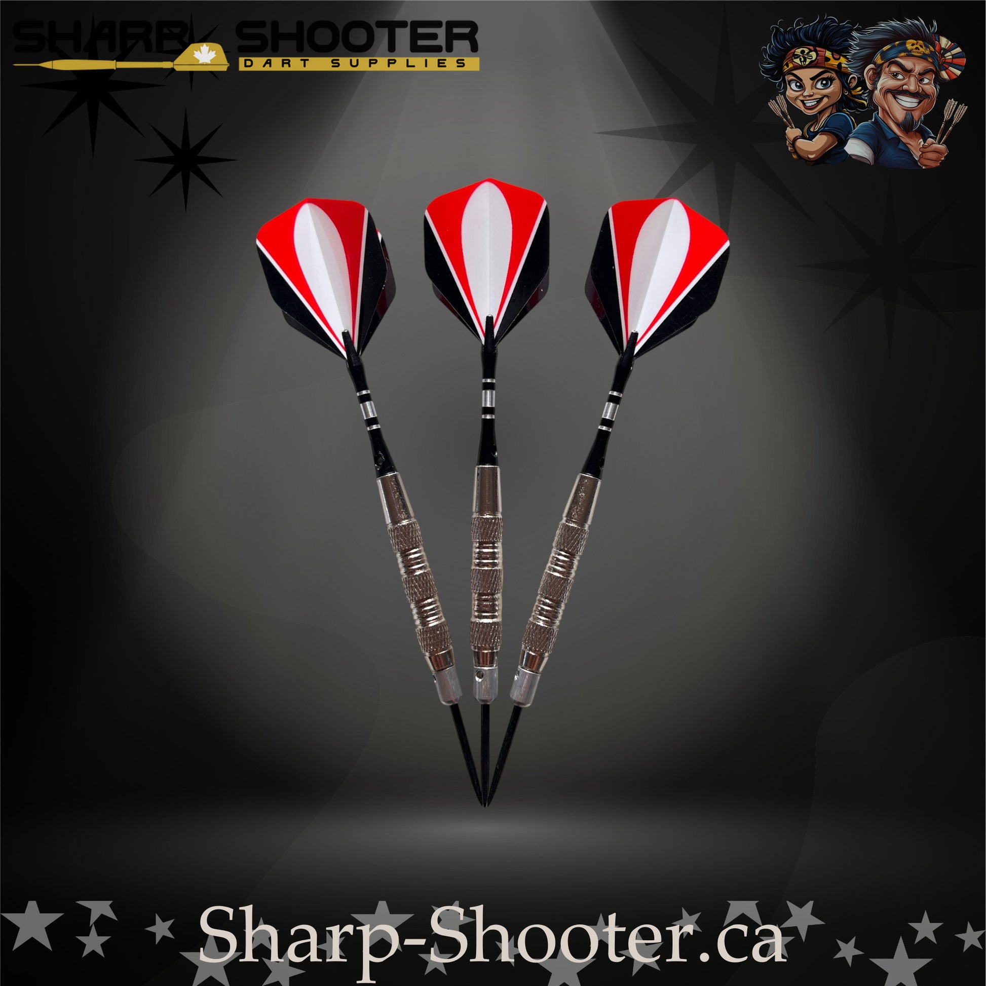 Echelon-S steel tip dart set featuring silver SD05 Gauntlet barrels, deep ring grip pattern, engraved aluminum shafts with O-rings, black/red/white flights, and 29mm steel tips on a dark studio background.