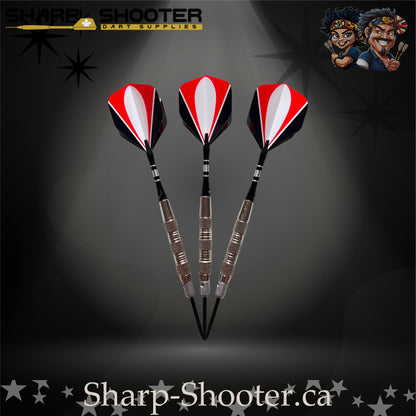 Echelon-S steel tip dart set featuring silver SD05 Gauntlet barrels, deep ring grip pattern, engraved aluminum shafts with O-rings, black/red/white flights, and 29mm steel tips on a dark studio background.