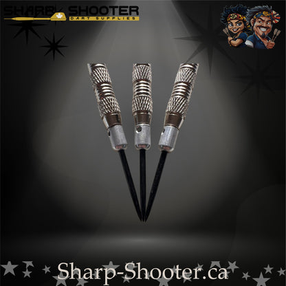 Echelon-S steel tip dart set featuring silver SD05 Gauntlet barrels, deep ring grip pattern, engraved aluminum shafts with O-rings, black/red/white flights, and 29mm steel tips on a dark studio background.