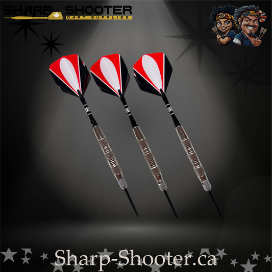 Echelon-S steel tip dart set featuring silver SD05 Gauntlet barrels, deep ring grip pattern, engraved aluminum shafts with O-rings, black/red/white flights, and 29mm steel tips on a dark studio background.
