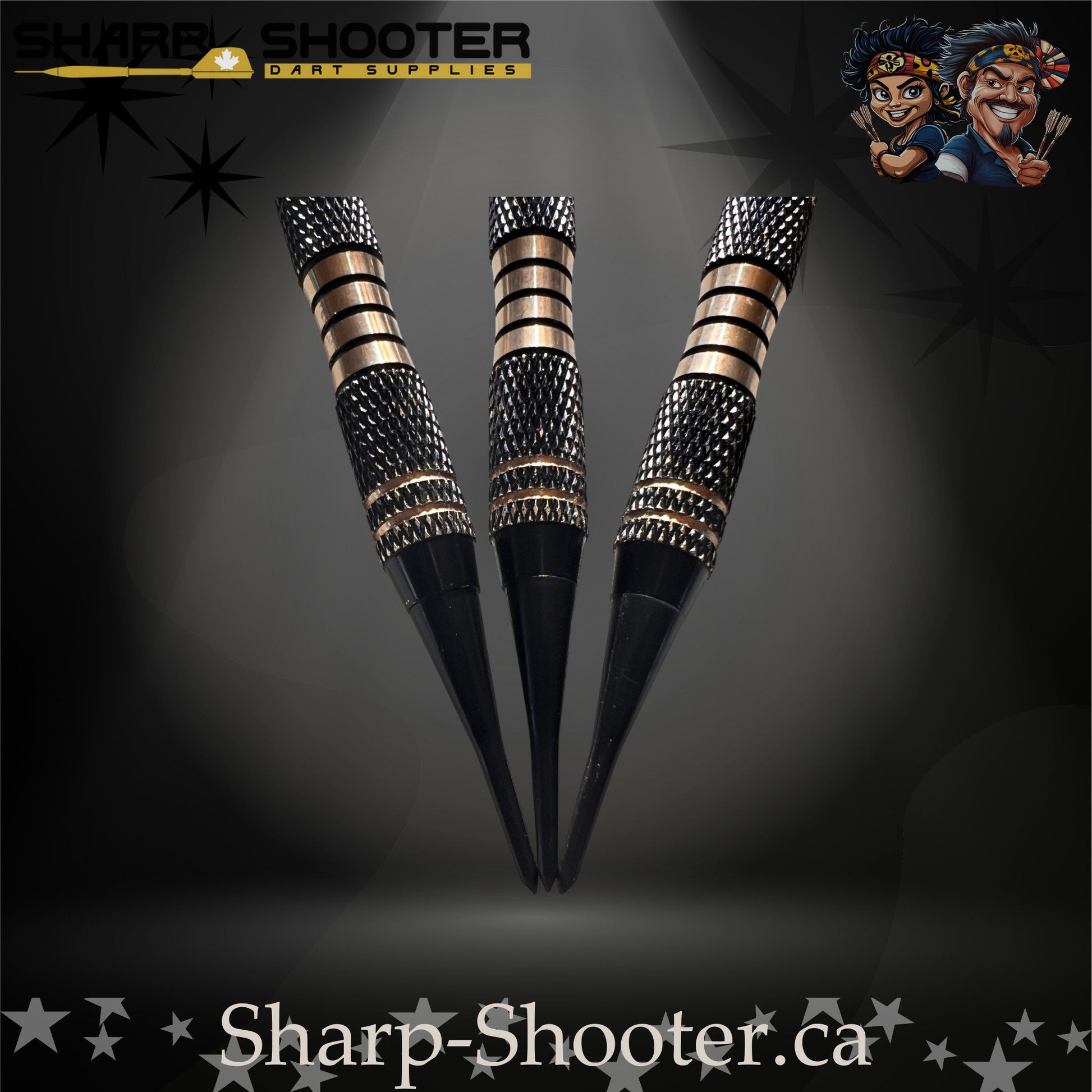 Essence SSD07 soft tip dart set with copper barrels, clear rotating shafts, and blue holographic flights