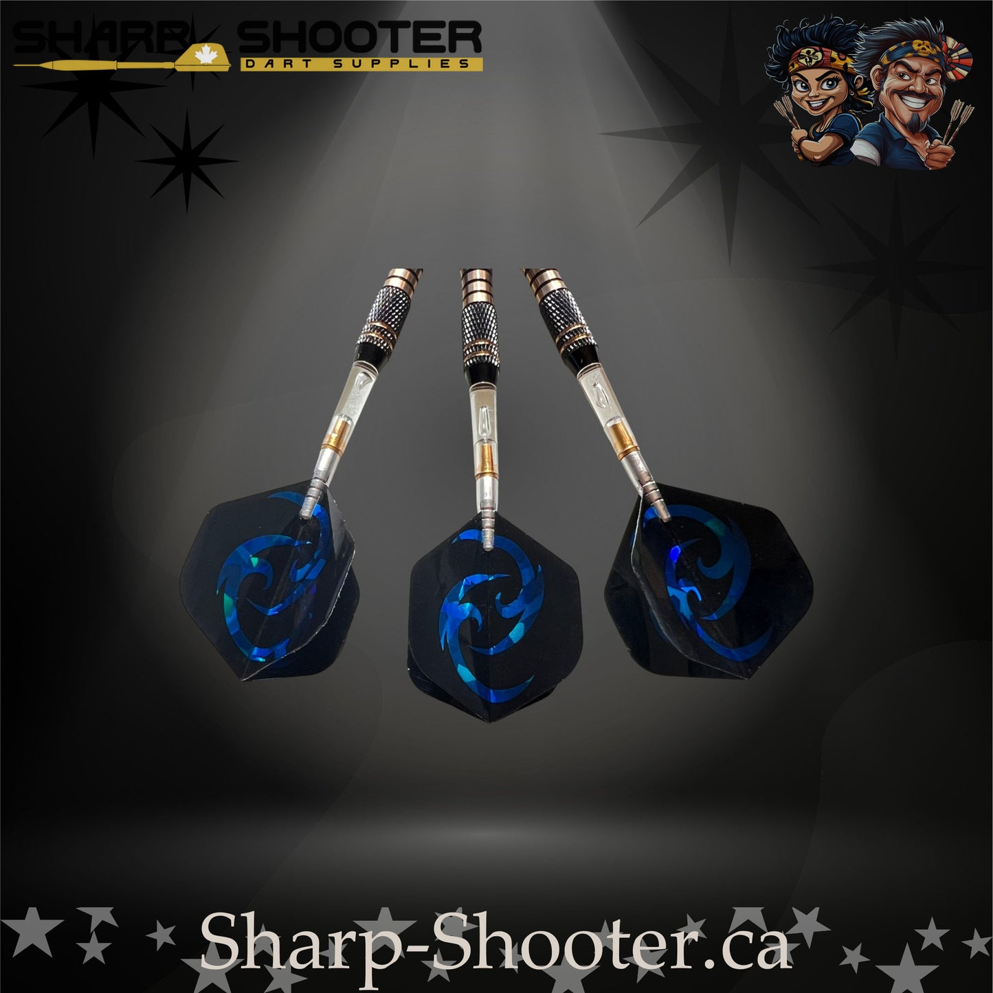 Essence SSD07 soft tip dart set with copper barrels, clear rotating shafts, and blue holographic flights