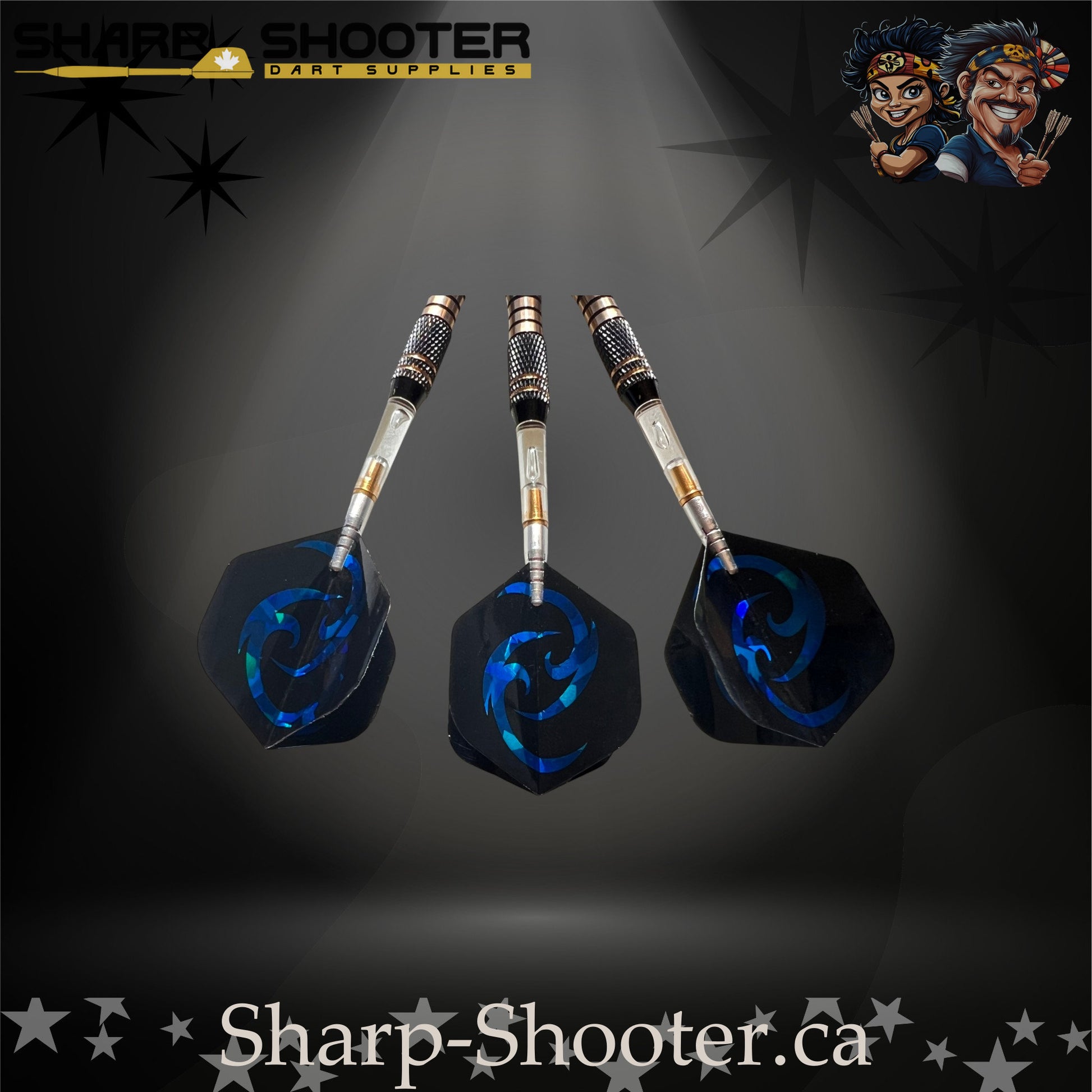 Essence SSD07 soft tip dart set with copper barrels, clear rotating shafts, and blue holographic flights