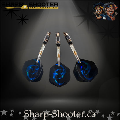 Essence SSD07 soft tip dart set with copper barrels, clear rotating shafts, and blue holographic flights
