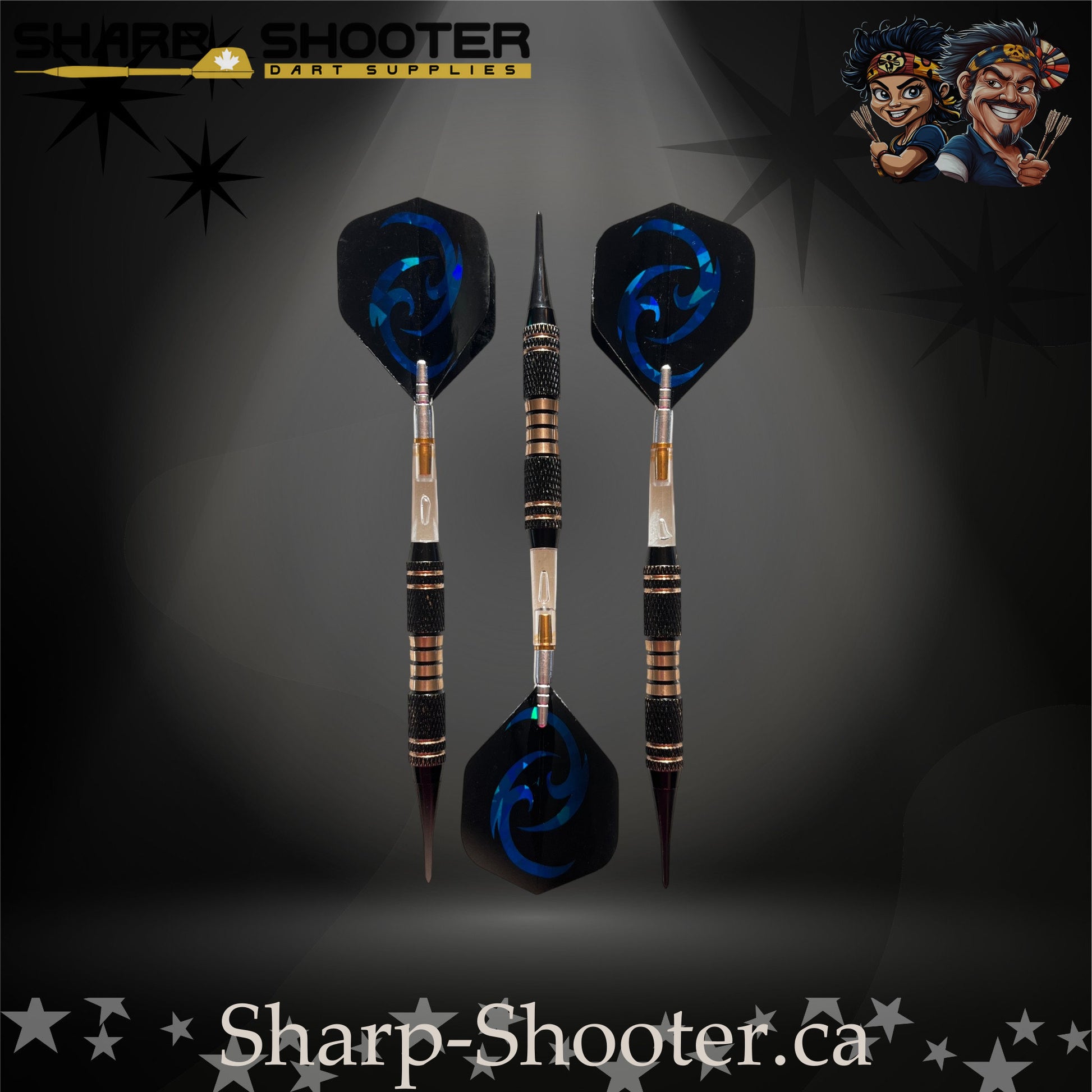 Essence SSD07 soft tip dart set with copper barrels, clear rotating shafts, and blue holographic flights