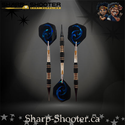 Essence SSD07 soft tip dart set with copper barrels, clear rotating shafts, and blue holographic flights