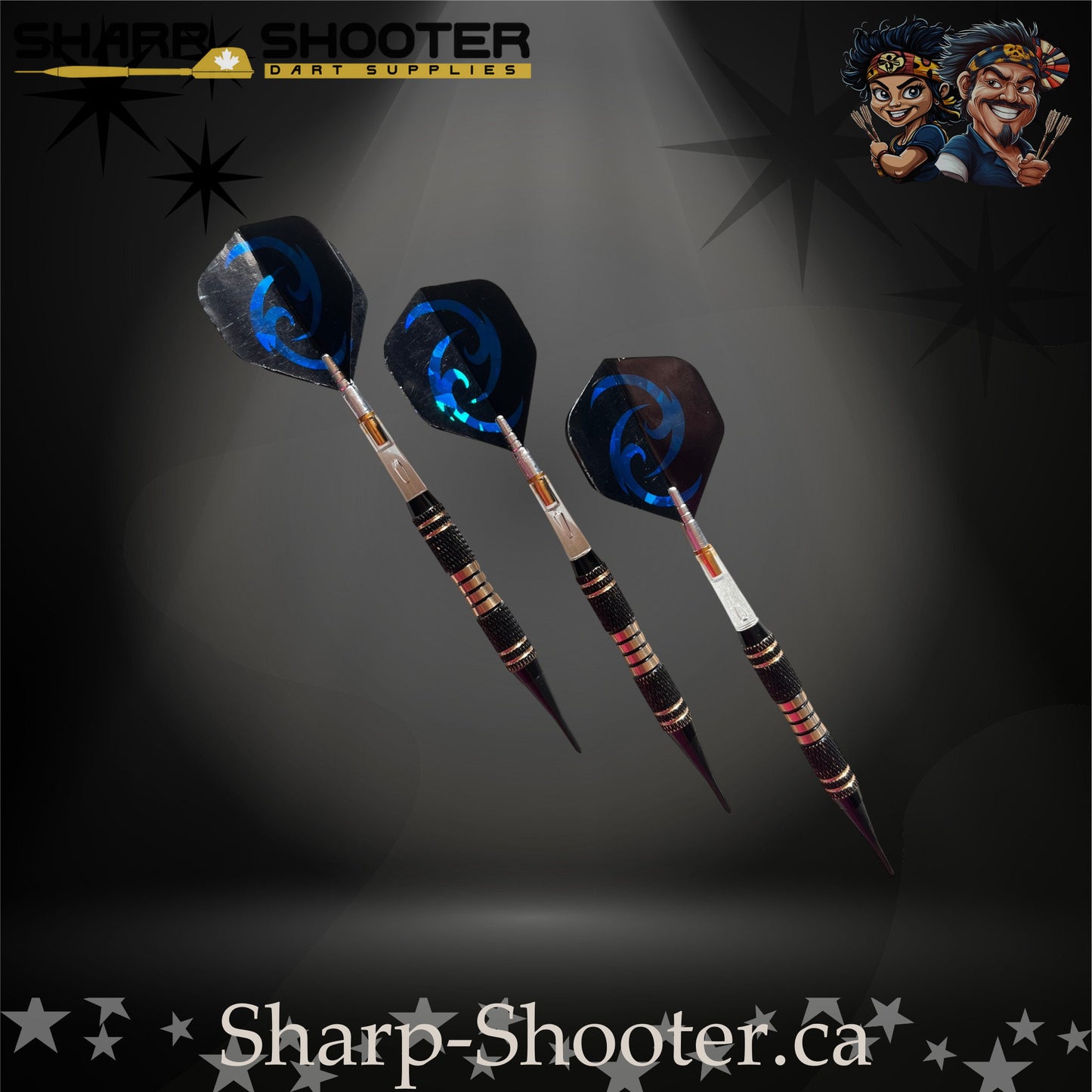 Essence SSD07 soft tip dart set with copper barrels, clear rotating shafts, and blue holographic flights