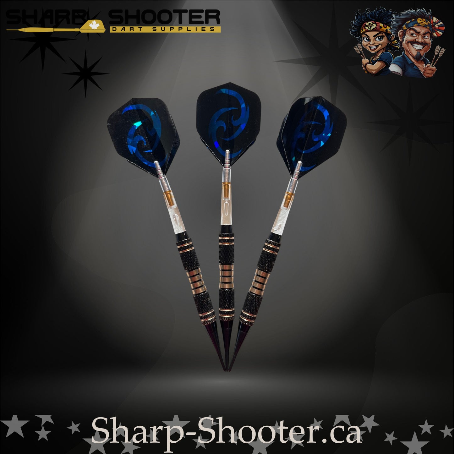 Essence SSD07 soft tip dart set with copper barrels, clear rotating shafts, and blue holographic flights