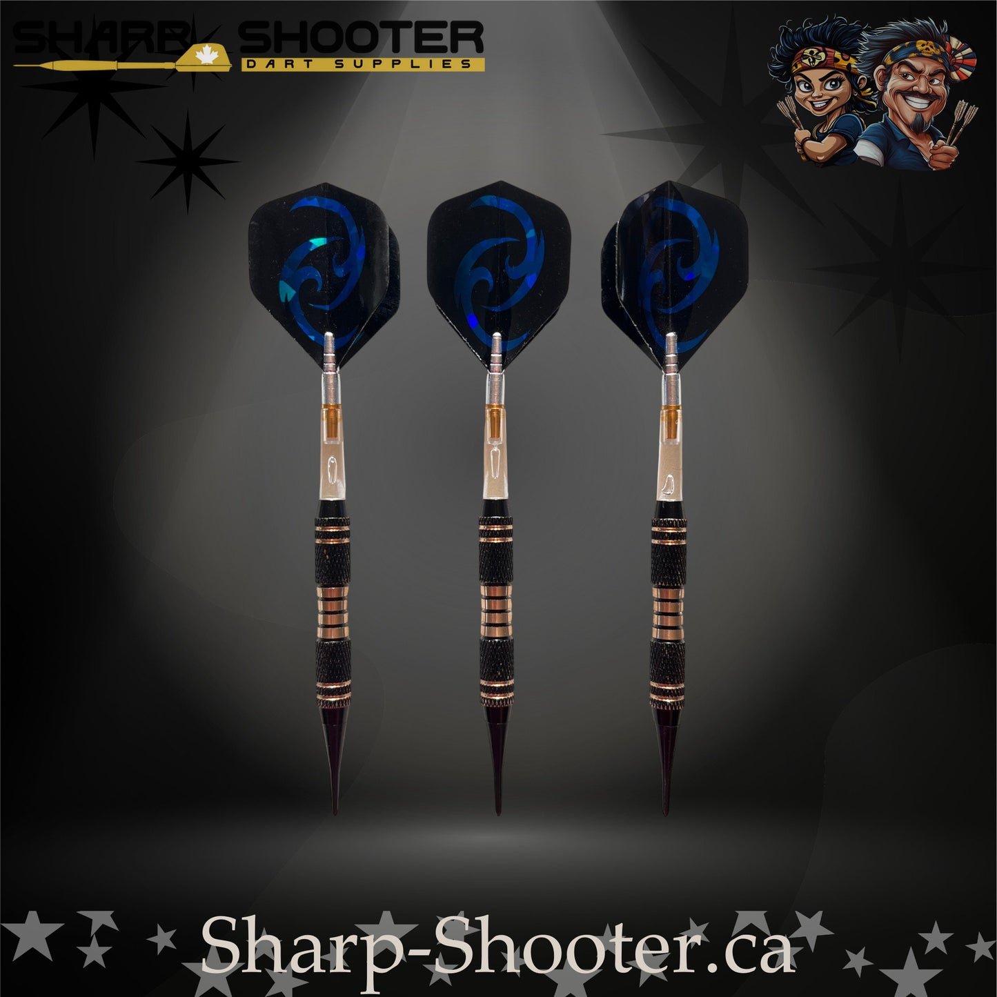 Essence SSD07 soft tip dart set with copper barrels, clear rotating shafts, and blue holographic flights