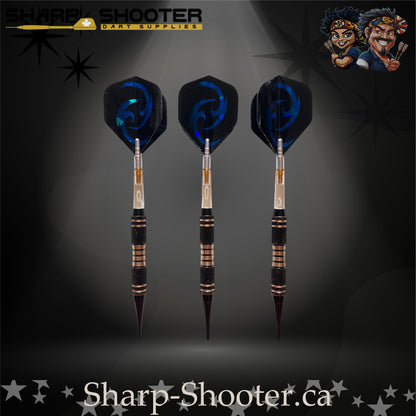Essence SSD07 soft tip dart set with copper barrels, clear rotating shafts, and blue holographic flights