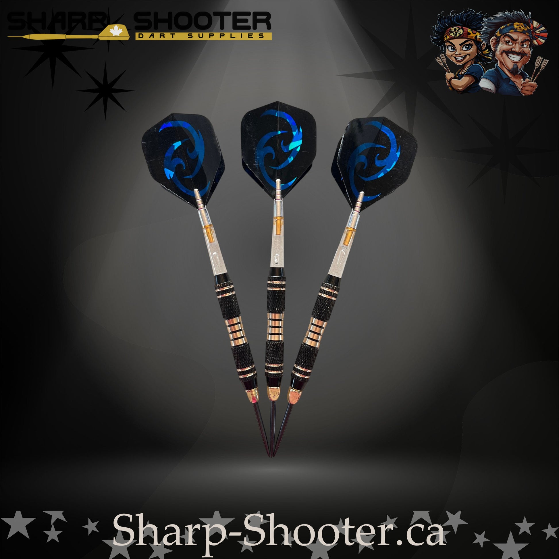 Essence steel-tip dart set featuring black textured barrels with gold rings and matching blue swirl flights, displayed on a dramatic spotlight backdrop