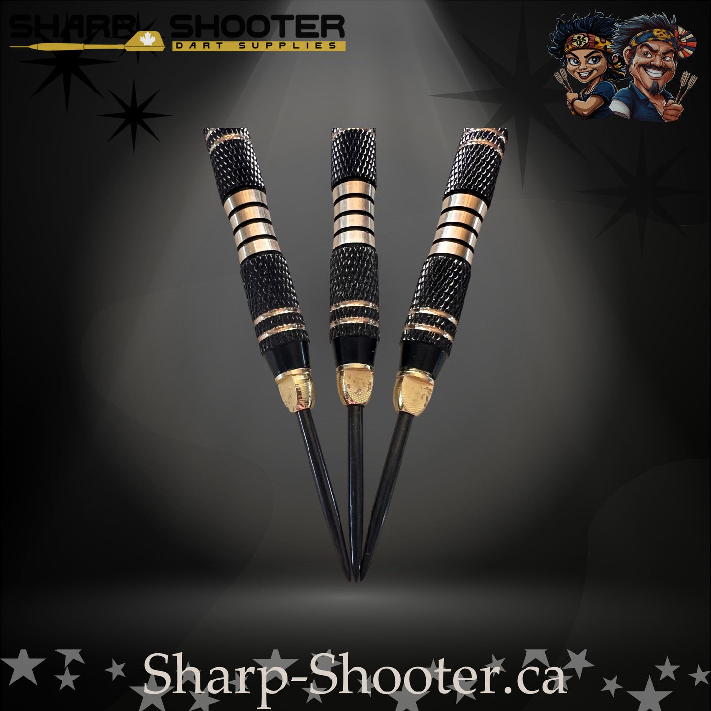 Essence steel-tip dart set featuring black textured barrels with gold rings and matching blue swirl flights, displayed on a dramatic spotlight backdrop