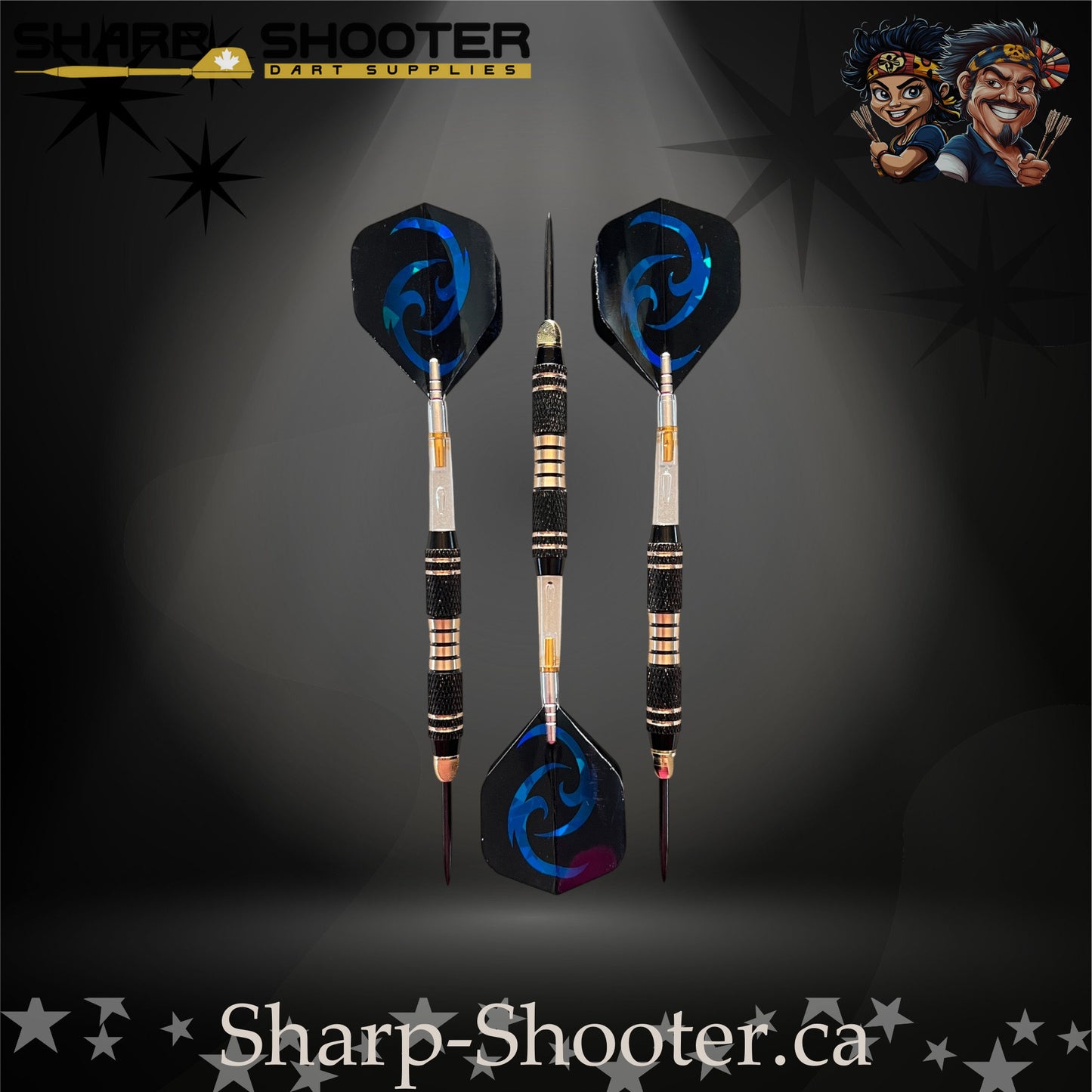 Essence steel-tip dart set featuring black textured barrels with gold rings and matching blue swirl flights, displayed on a dramatic spotlight backdrop