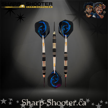 Essence steel-tip dart set featuring black textured barrels with gold rings and matching blue swirl flights, displayed on a dramatic spotlight backdrop