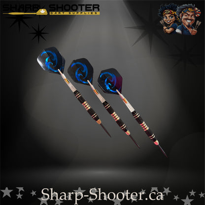 Essence steel-tip dart set featuring black textured barrels with gold rings and matching blue swirl flights, displayed on a dramatic spotlight backdrop
