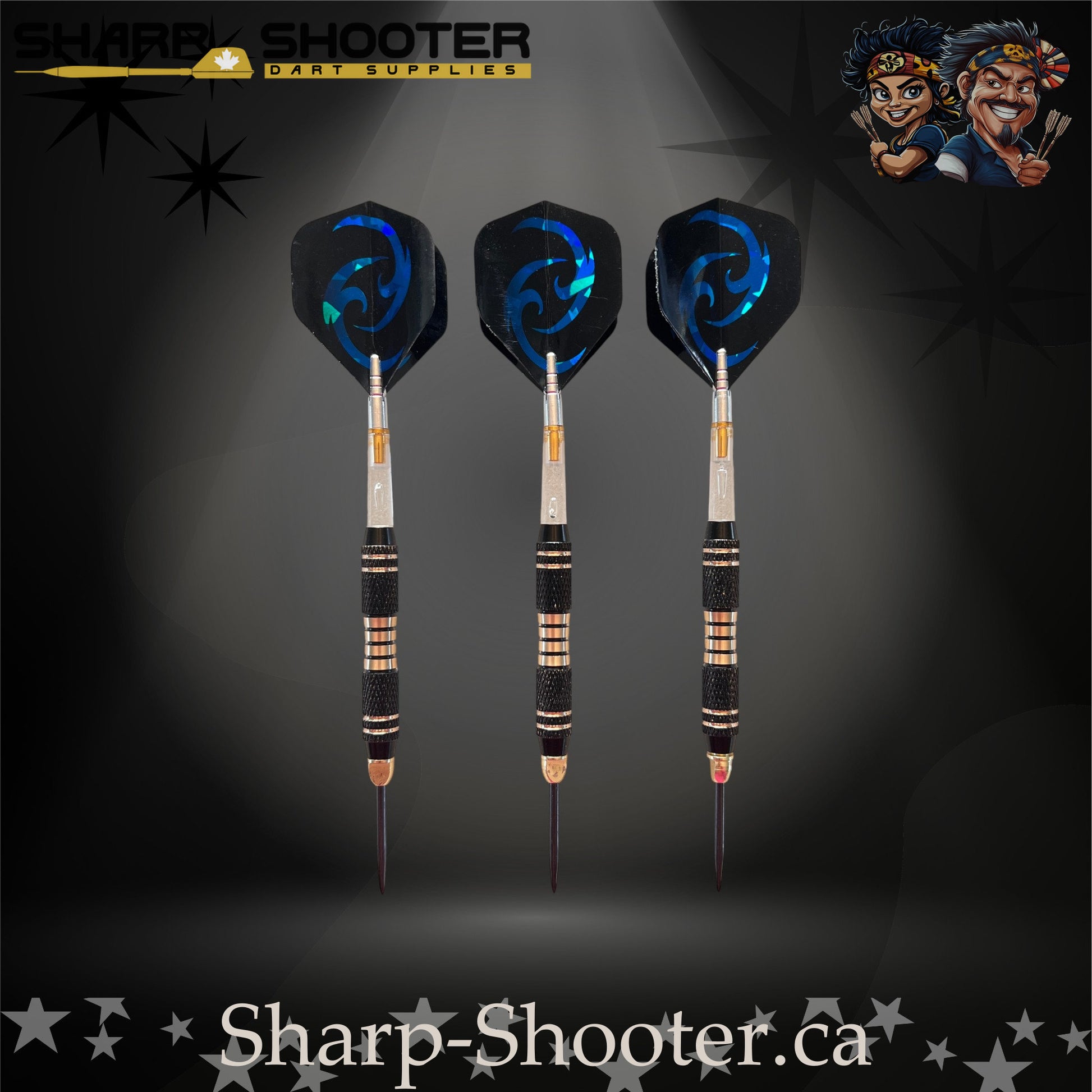 Essence steel-tip dart set featuring black textured barrels with gold rings and matching blue swirl flights, displayed on a dramatic spotlight backdrop