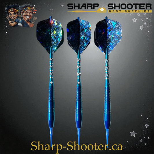 Sharpshooter Exclusive Poseidon dart set SSD26 with copper barrels, soft tips, ocean-blue finish, and holographic flights – Sharp Shooter Dart Supplies