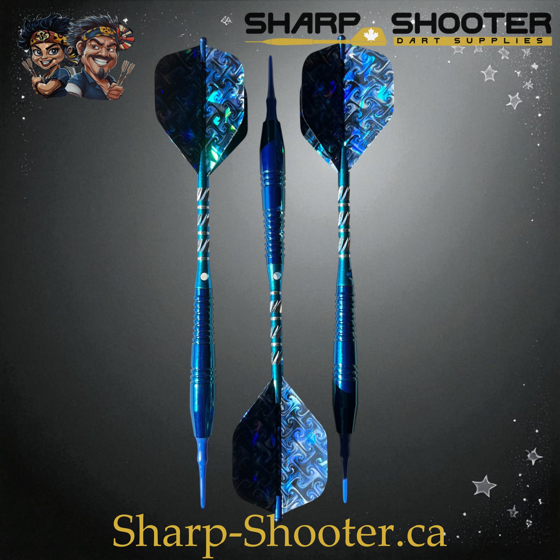 Sharpshooter Exclusive Poseidon dart set SSD26 with copper barrels, soft tips, ocean-blue finish, and holographic flights – Sharp Shooter Dart Supplies
