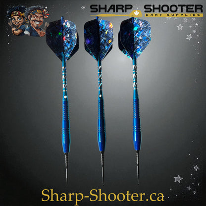 Sharpshooter Exclusive Poseidon dart set SSD26-S with copper barrels, steel tips, blue finish, and holographic flights – Sharp Shooter Dart Supplies