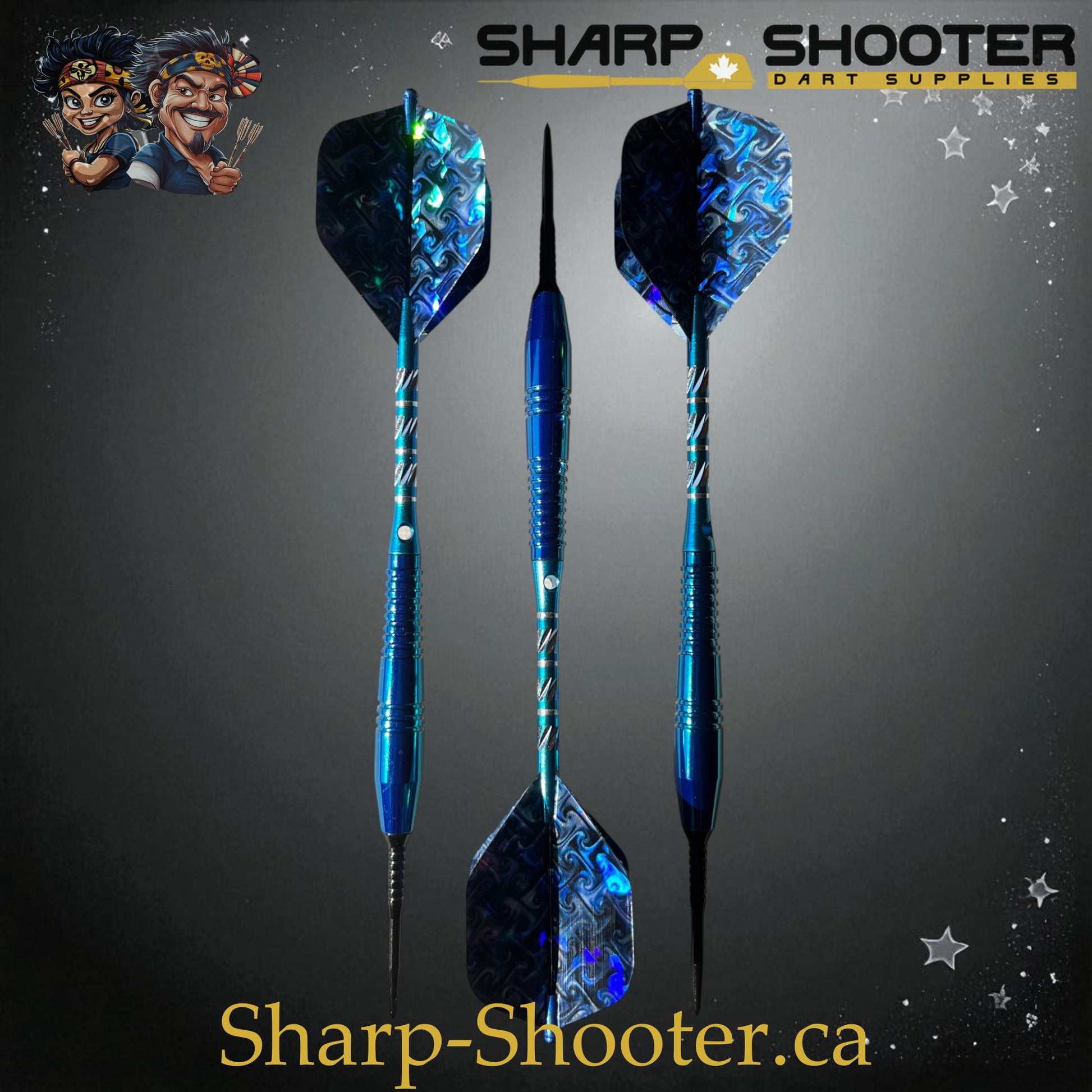 Sharpshooter Exclusive Poseidon dart set SSD26-S with copper barrels, steel tips, blue finish, and holographic flights – Sharp Shooter Dart Supplies