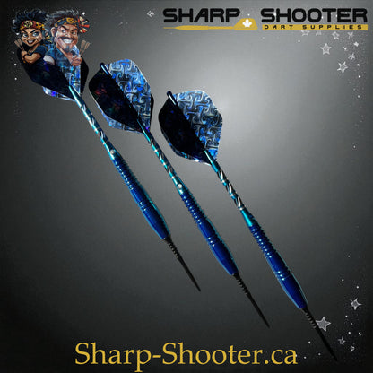 Sharpshooter Exclusive Poseidon dart set SSD26-S with copper barrels, steel tips, blue finish, and holographic flights – Sharp Shooter Dart Supplies