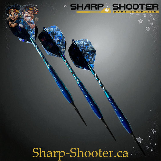 Sharpshooter Exclusive Poseidon dart set SSD26-S with copper barrels, steel tips, blue finish, and holographic flights – Sharp Shooter Dart Supplies