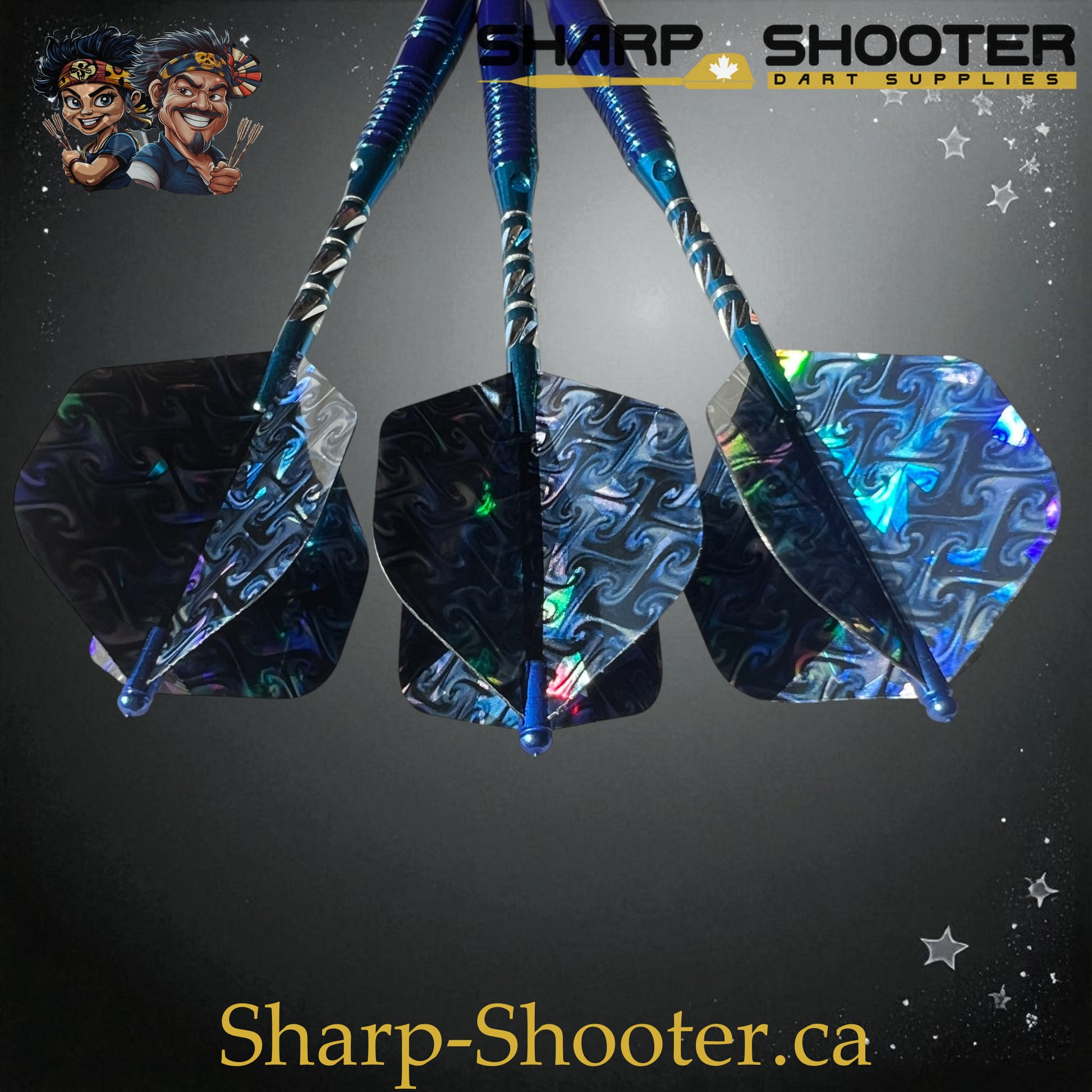 Sharpshooter Exclusive Poseidon dart set SSD26 with copper barrels, soft tips, ocean-blue finish, and holographic flights – Sharp Shooter Dart Supplies