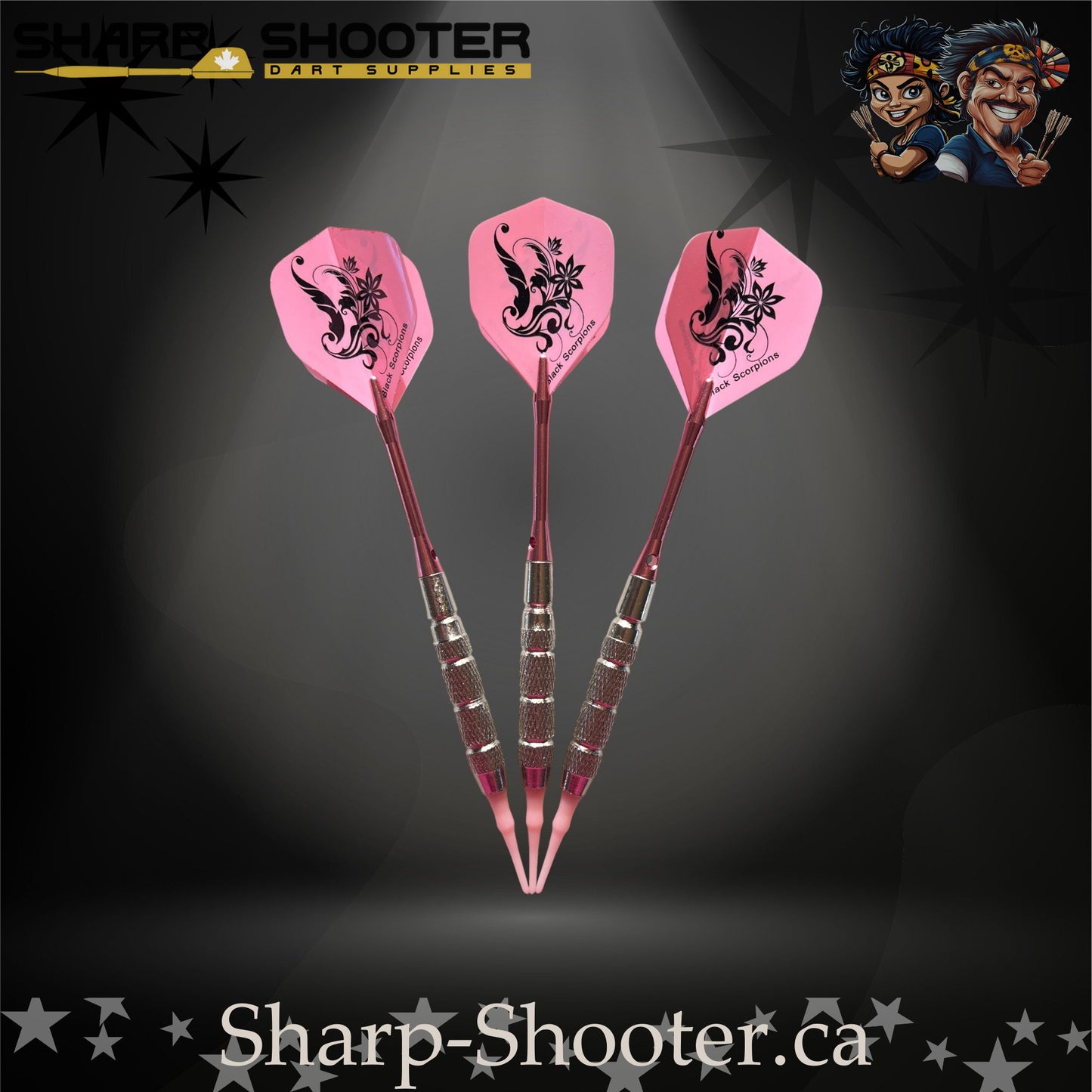 Fairytale steel tip dart set featuring pink floral flights, pink metallic shafts, and silver textured barrels.