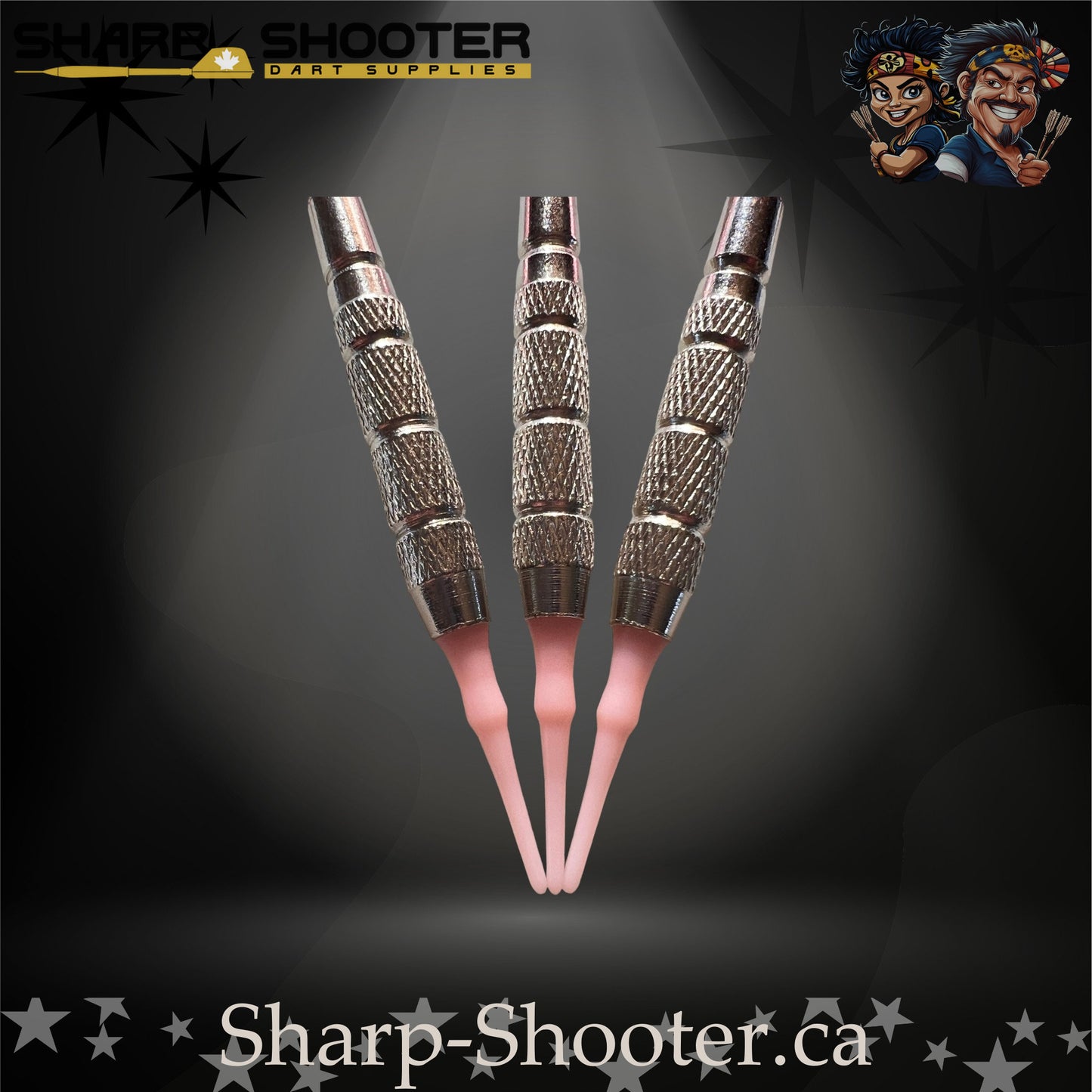 Fairytale steel tip dart set featuring pink floral flights, pink metallic shafts, and silver textured barrels.