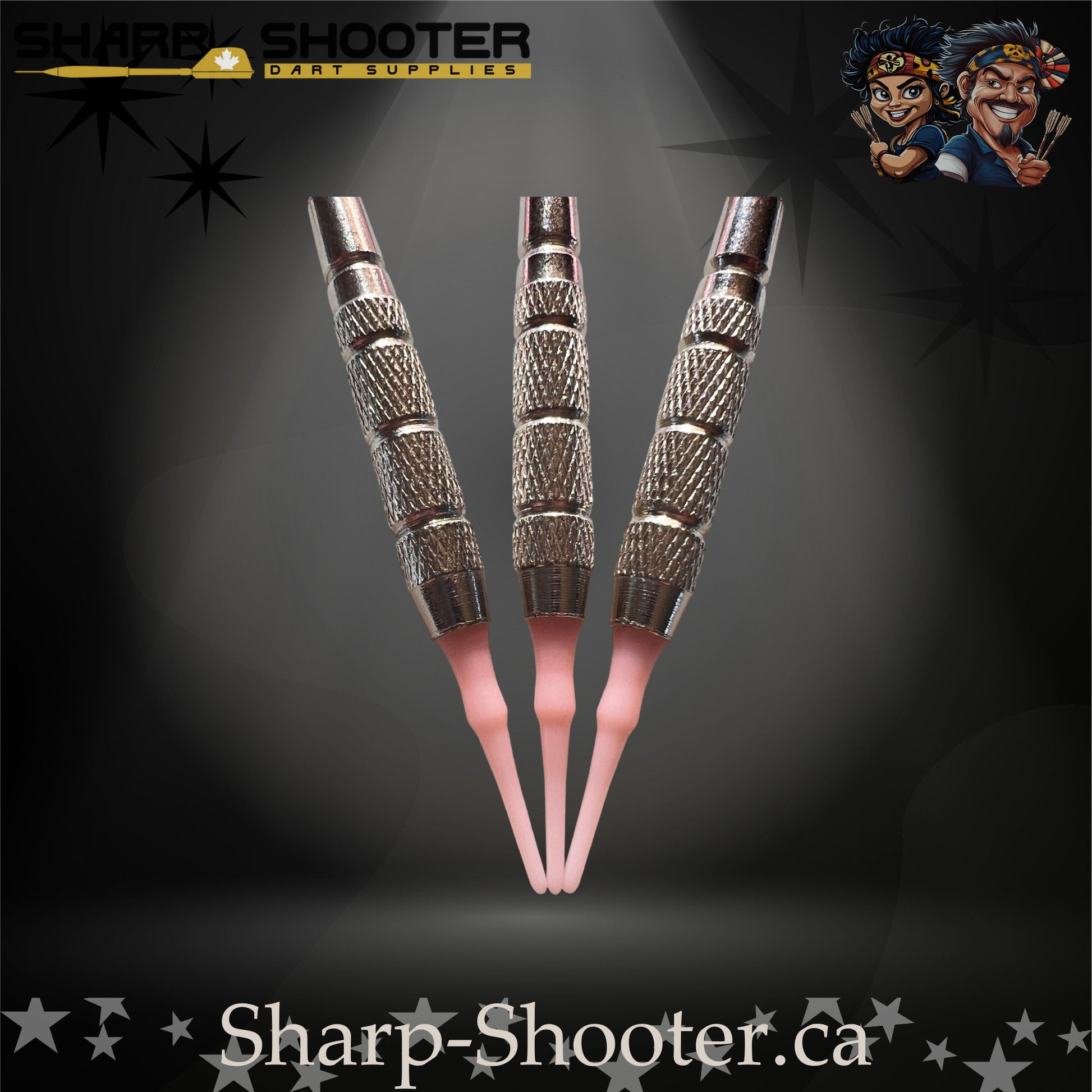 Fairytale steel tip dart set featuring pink floral flights, pink metallic shafts, and silver textured barrels.