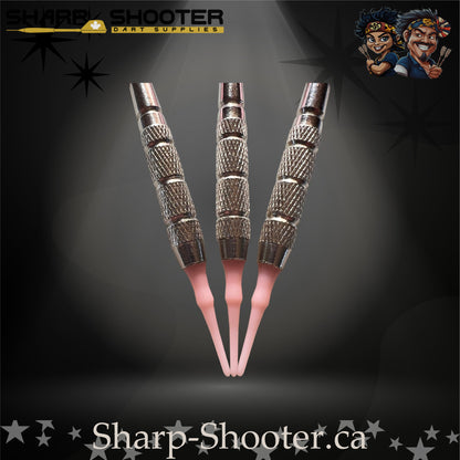 Fairytale steel tip dart set featuring pink floral flights, pink metallic shafts, and silver textured barrels.