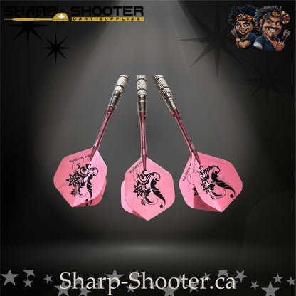Fairytale steel tip dart set featuring pink floral flights, pink metallic shafts, and silver textured barrels.