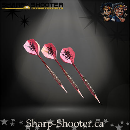 Fairytale steel tip dart set featuring pink floral flights, pink metallic shafts, and silver textured barrels.