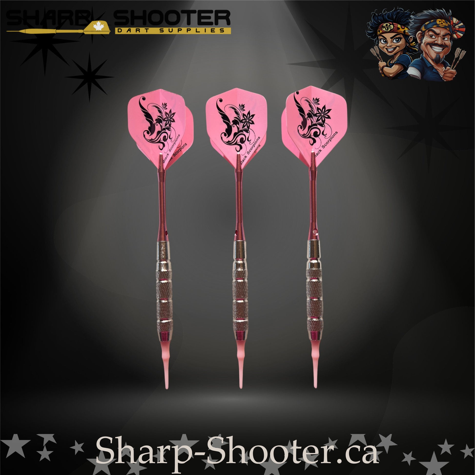 Fairytale steel tip dart set featuring pink floral flights, pink metallic shafts, and silver textured barrels.