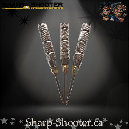 Fairytale steel tip dart set featuring pink floral flights, pink metallic shafts, and silver textured barrels.