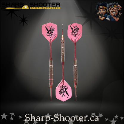 Fairytale steel tip dart set featuring pink floral flights, pink metallic shafts, and silver textured barrels.