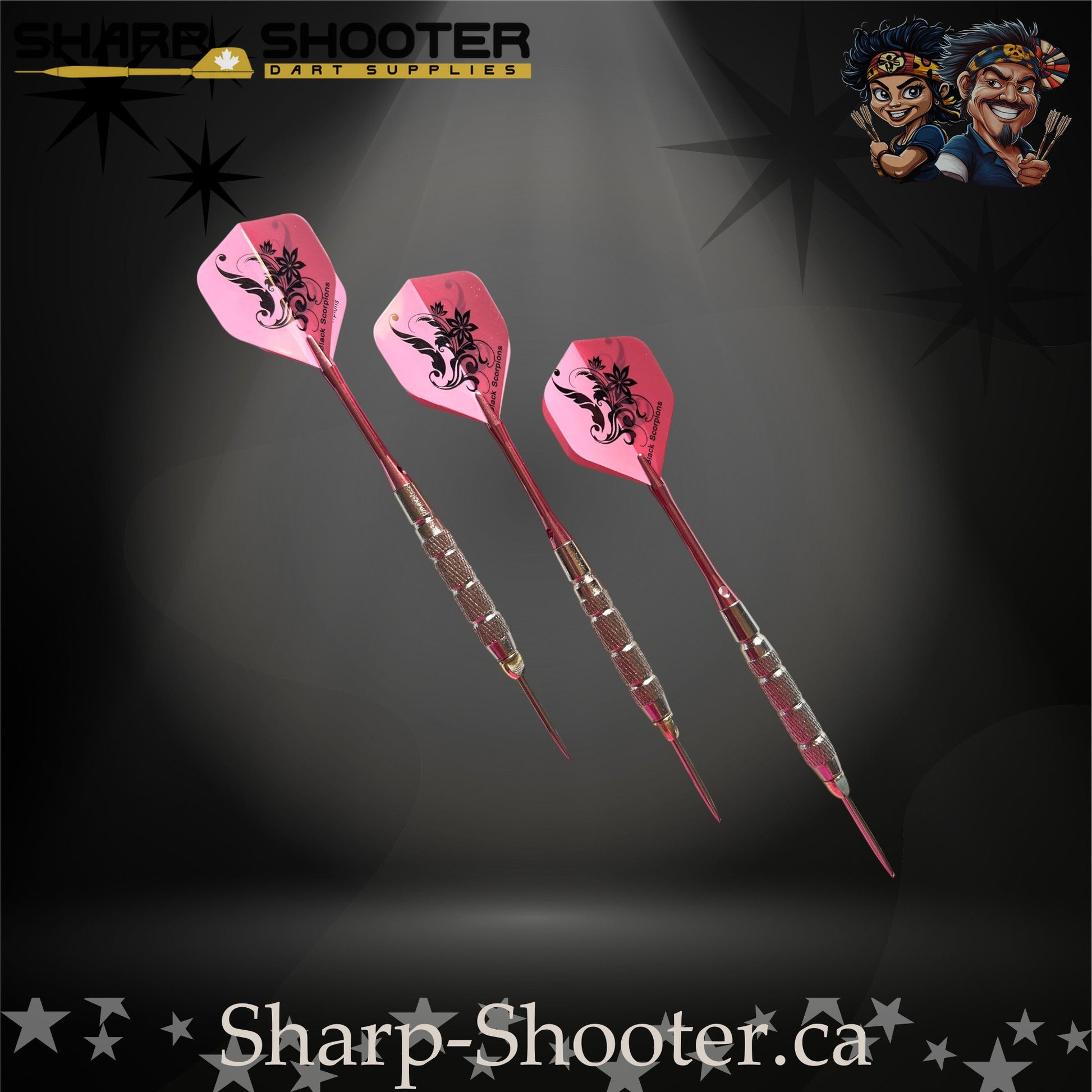 Fairytale steel tip dart set featuring pink floral flights, pink metallic shafts, and silver textured barrels.