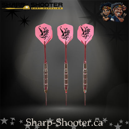 Fairytale steel tip dart set featuring pink floral flights, pink metallic shafts, and silver textured barrels.