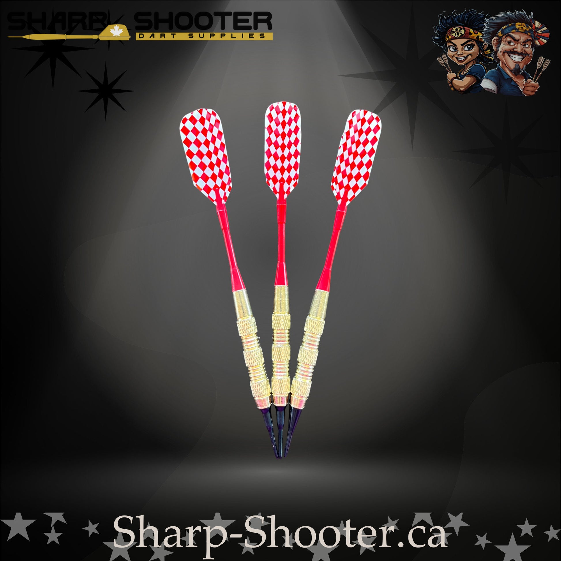 Grand Prix soft tip dart set with gold SD06 barrels, red shafts, soft tips, and red diamond flights – Sharp Shooter Dart Supplies