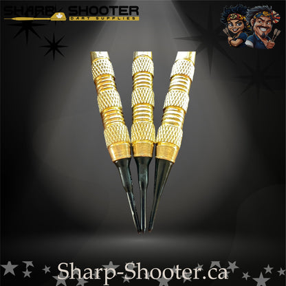 Grand Prix soft tip dart set with gold SD06 barrels, red shafts, soft tips, and red diamond flights – Sharp Shooter Dart Supplies