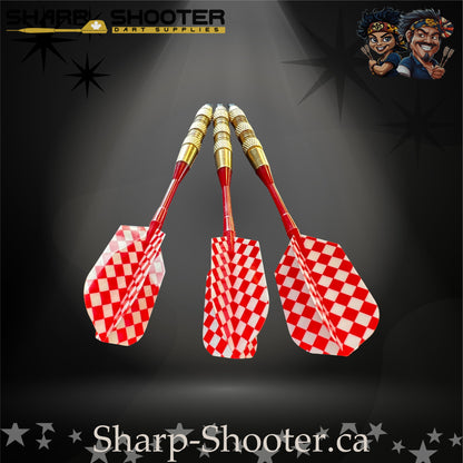Grand Prix soft tip dart set with gold SD06 barrels, red shafts, soft tips, and red diamond flights – Sharp Shooter Dart Supplies