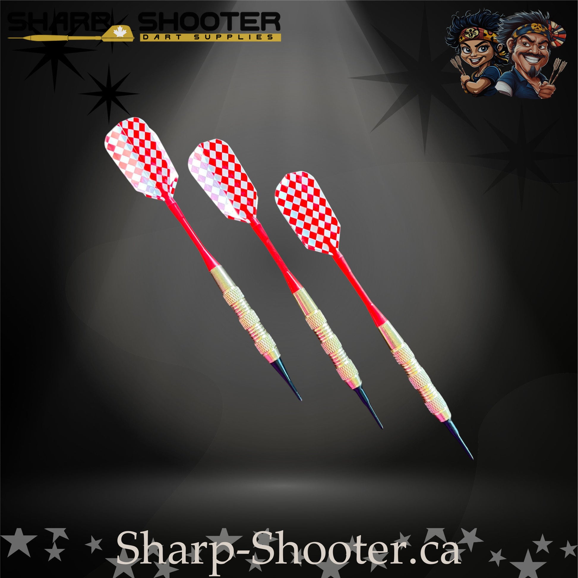 Grand Prix soft tip dart set with gold SD06 barrels, red shafts, soft tips, and red diamond flights – Sharp Shooter Dart Supplies