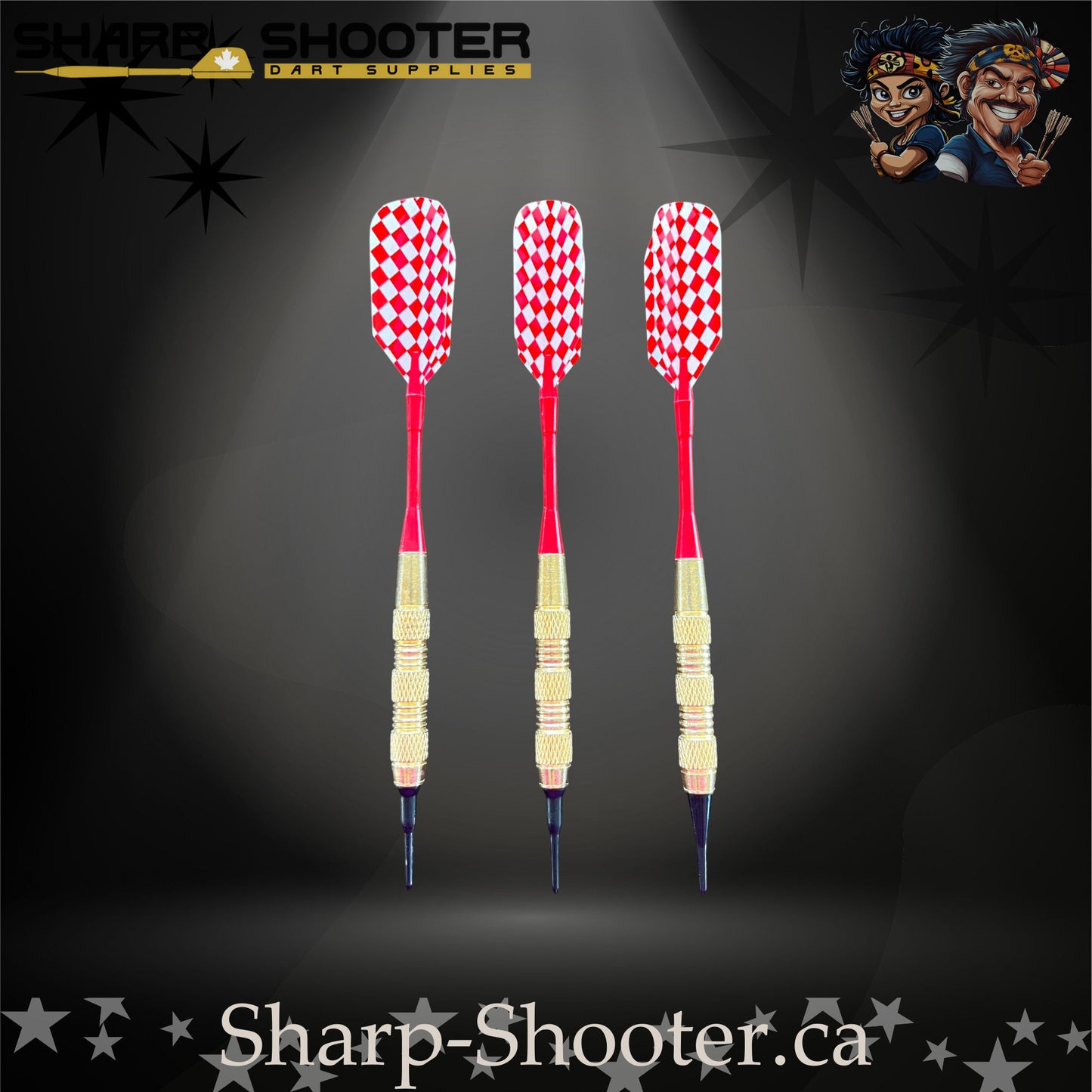 Grand Prix soft tip dart set with gold SD06 barrels, red shafts, soft tips, and red diamond flights – Sharp Shooter Dart Supplies